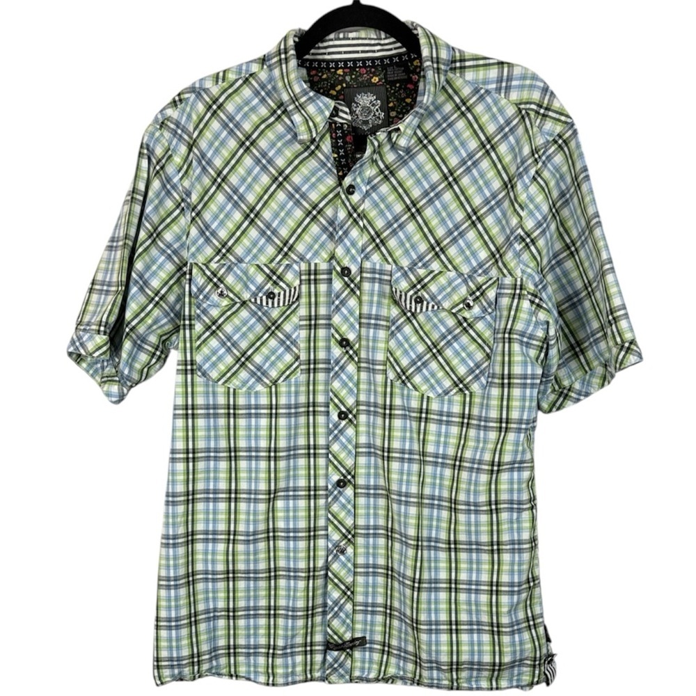English Laundry Cotton Green Blue Plaid Button Down Chest Pockets Large Shirt